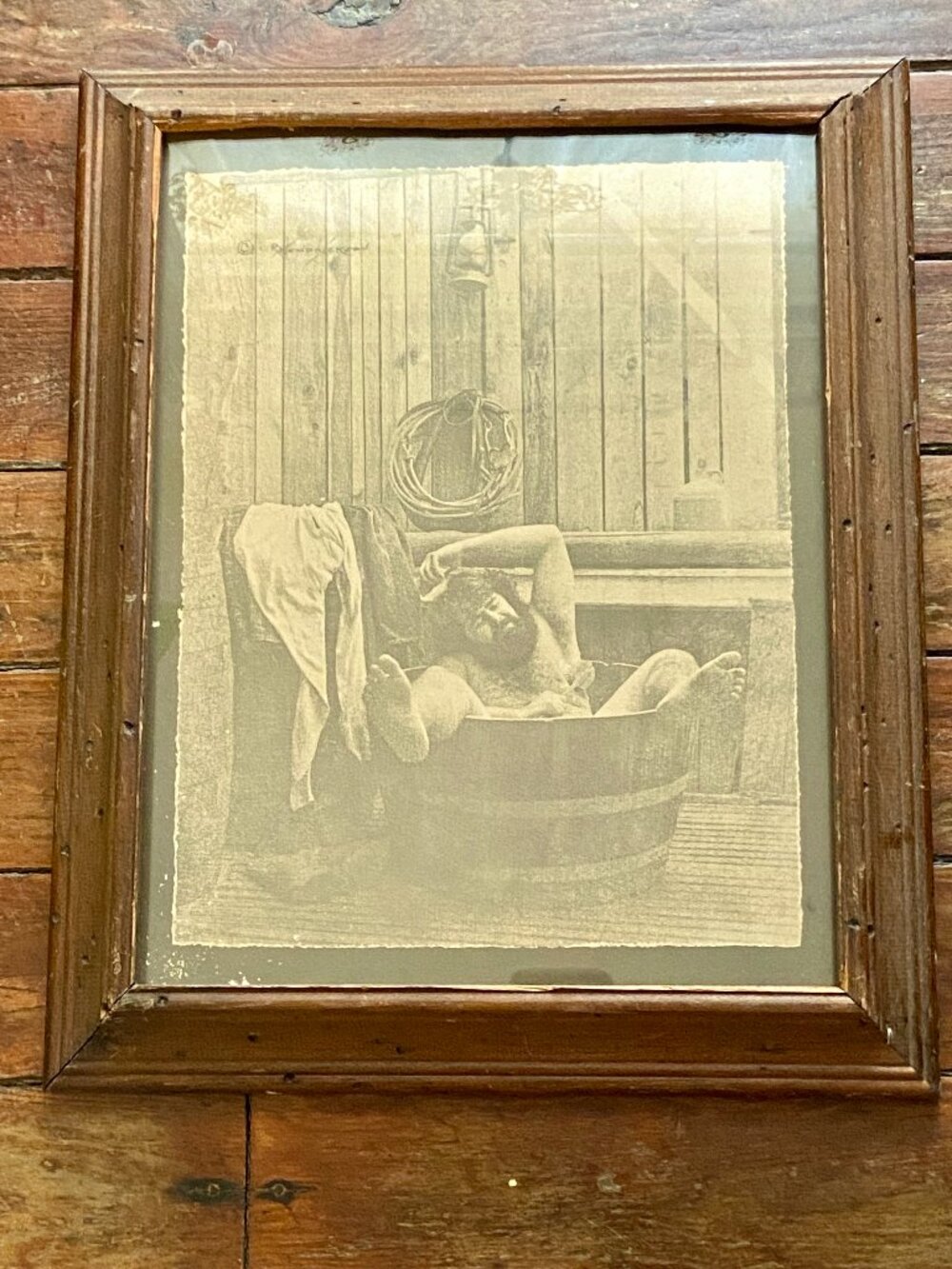 Vintage 70s R. Hendrickson Framed Sepia Print Nude Drunk Cowboy Moonshine Tub